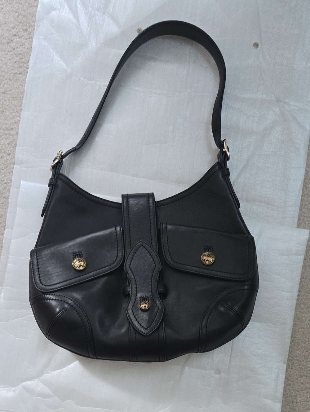 Brooks Brothers Black Leather Shoulder Bag with Gold Accents